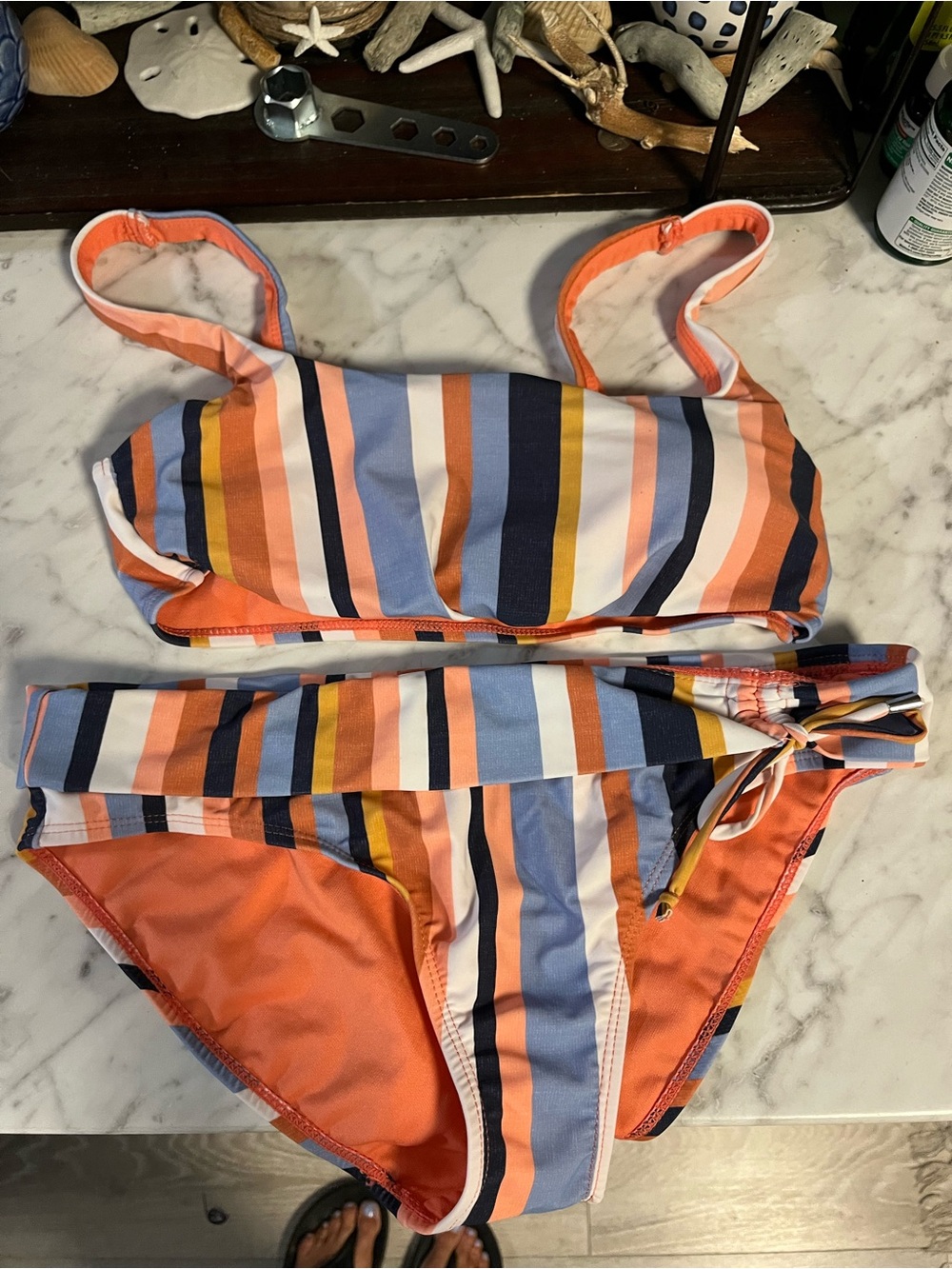 Striped womens Two-Piece Swim Bikini in Coral, Navy & Light Blue